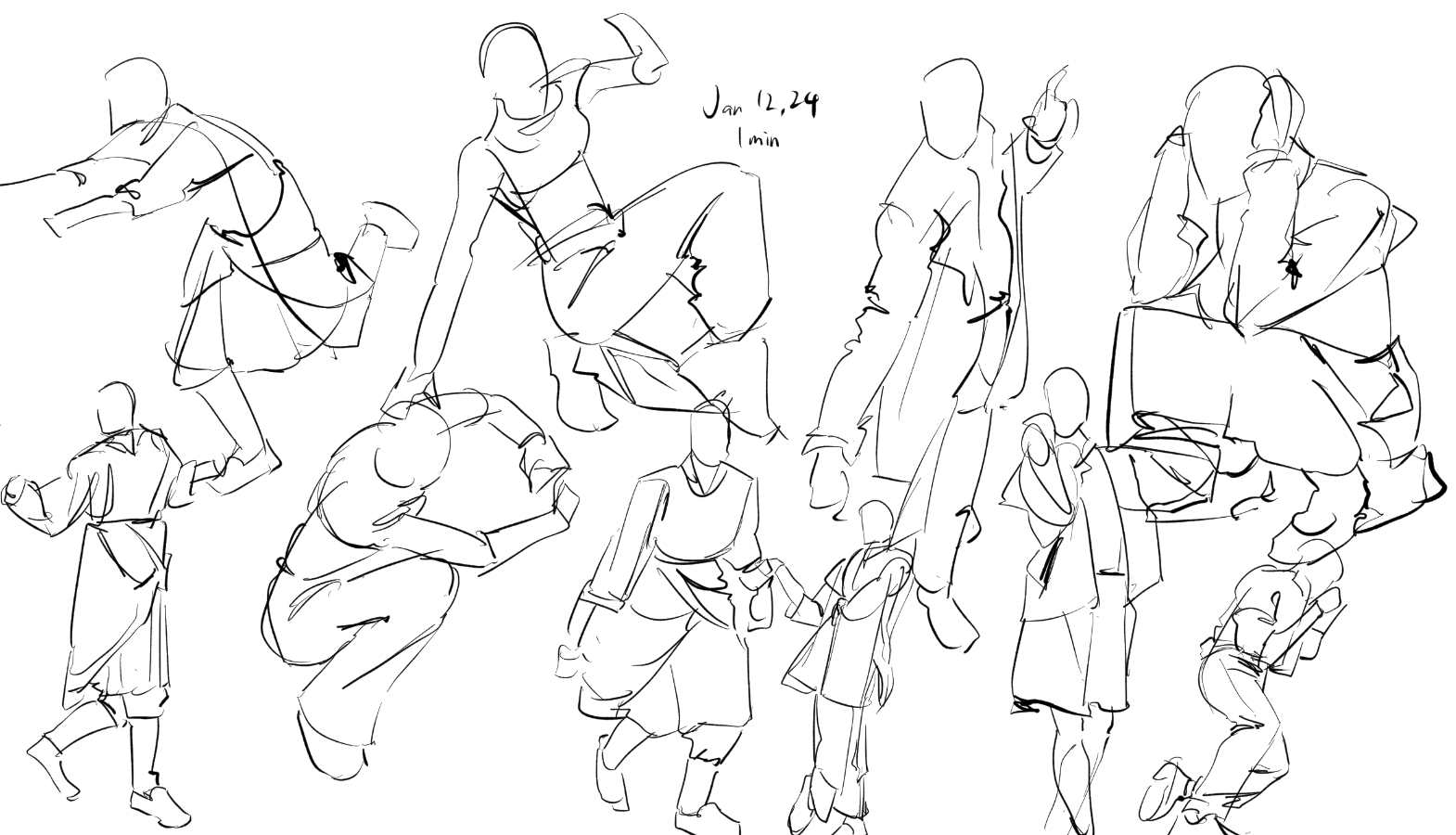 he image contains a collection of quick figure sketches, likely done within a oneminute timeframe as indicated by the annotation "jan 12, 24 1 min".  the sketches showcase a variety of dynamic and expressive poses, capturing movement and energy. the figures are depicted in loose, gestural lines, focusing on conveying the essence of the pose rather than precise anatomical detail. the style is spontaneous and expressive, characteristic of quick gesture drawings. the sketches are done in black ink on a white background.  the figures appear to be wearing loosefitting clothing, some resembling traditional garments or robes.