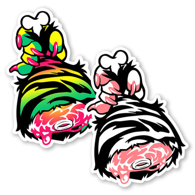 the image shows two stickers or decals featuring a cartoonish illustration of a zombielike hand clutching a piece of what seems to be a bloody, fleshy body part (possibly a brain or meat).  one hand is depicted with vibrant neon rainbow colors, while the other is in black and white. both hands have a similar design with exaggerated claws and exposed bone. the style is graphic and bold, blending elements of horror, cartoon, and pop art. the overall effect is somewhat humorous, despite the gory subject matter.