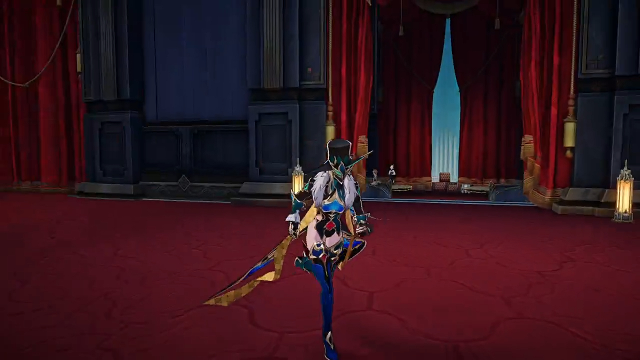 an anime style female character standing in a red carpeted room.  she has a long blue dress on with gold details. the character is holding a sword with a gold handle. there is a stage with red velvet curtains in the background.