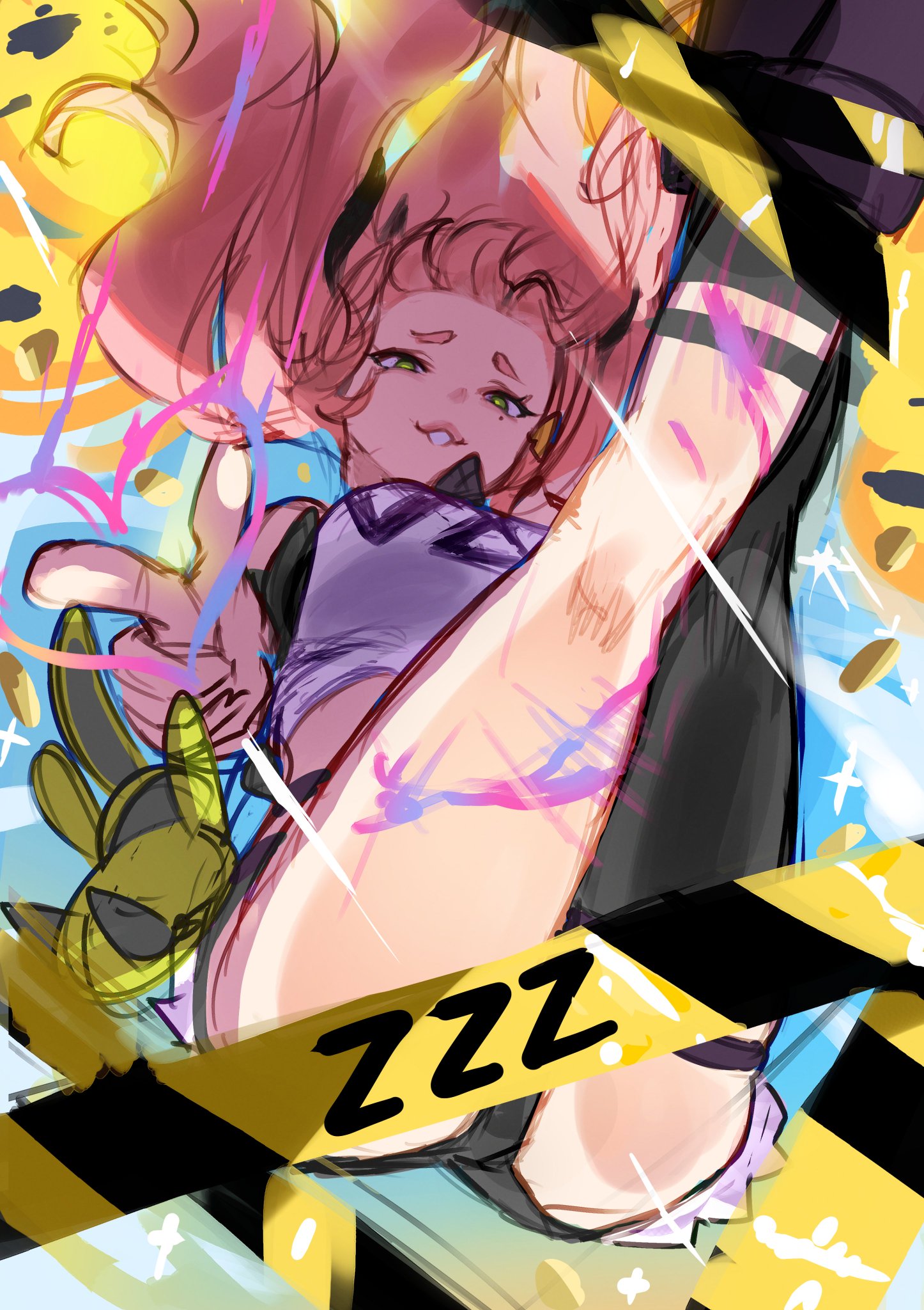 this is an animestyle illustration of a girl sleeping, she's wearing black pants and a blue shirt. she has pink hair in pigtails and is covered with yellow and black striped tape. it looks like she's surrounded by a bunch of bright lights and the words "zzz" are written on top of her. there's a cute cartoon rabbit to the left of her.