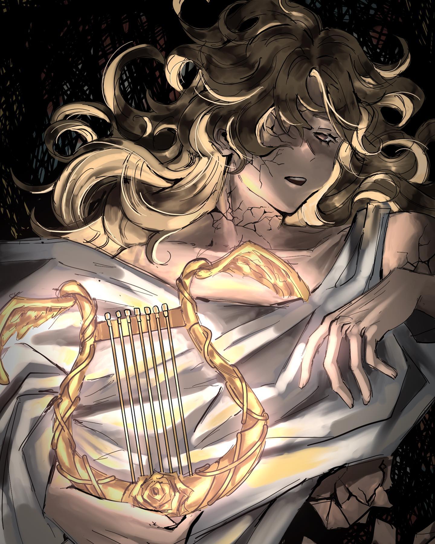 a woman with long golden hair, adorned with angel wings, lays with a golden lyre in her lap. the lyre is embellished with a rose at the bottom and has a large gold wing design. she is wearing a white, flowing gown. her skin is cracked, and her gaze is directed to the side. the background is dark, with hints of lattice. the scene is a fantasy depiction of a greek goddess, perhaps aphrodite or muse. the image evokes a sense of melancholy and beauty.
