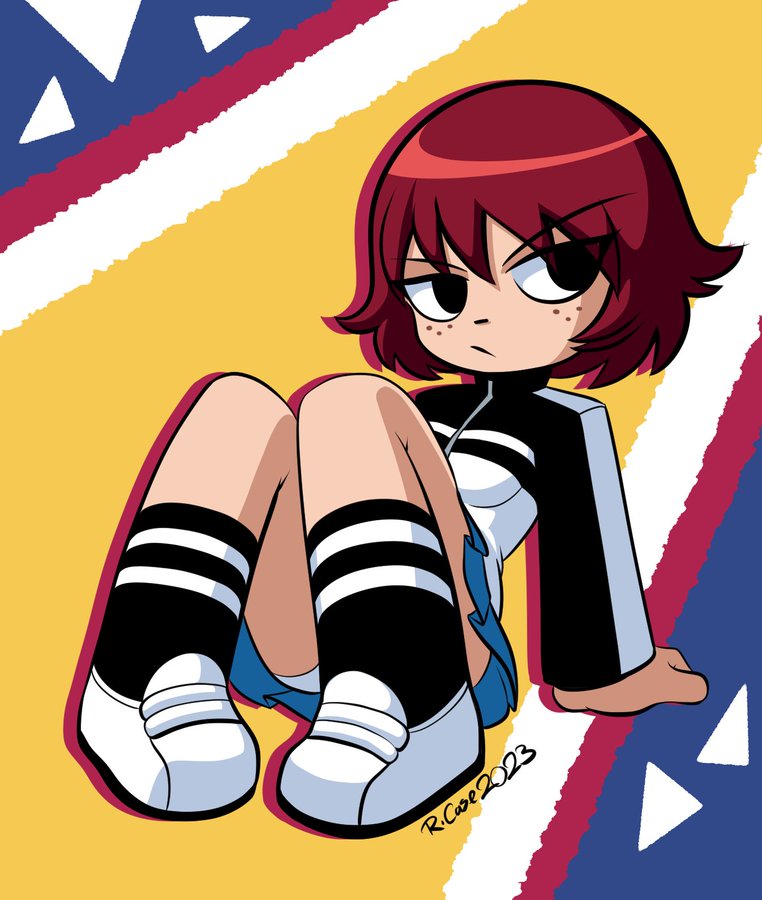 an anime style cartoon of a girl with red hair sitting with her legs crossed and looking down. she has white socks, white shoes, a black jacket, a white shirt, a blue skirt and is sitting against a yellow background with red, white, and blue geometric shapes. the image is drawn in a cartoon style.
