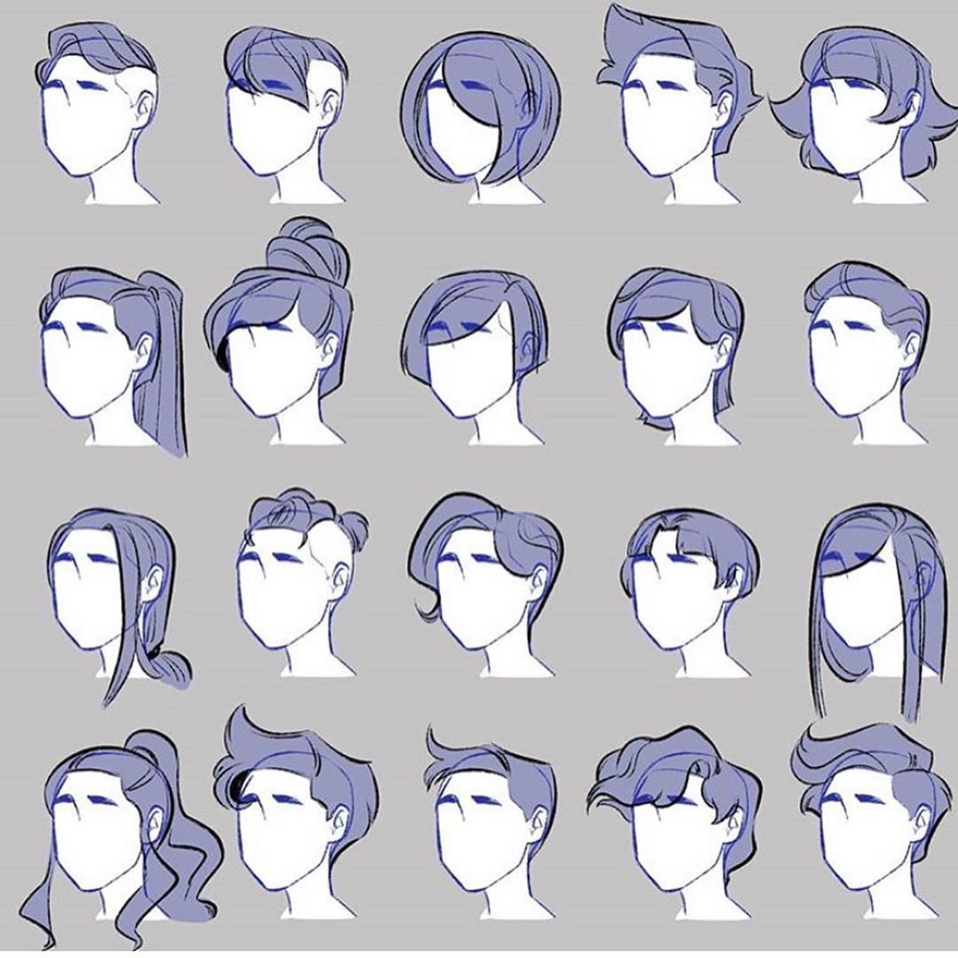 this is a collection of 20 sideview drawings depicting various hairstyles. each drawing features a simple head outline with meticulously sketched hairstyles, providing a reference for different hair designs.