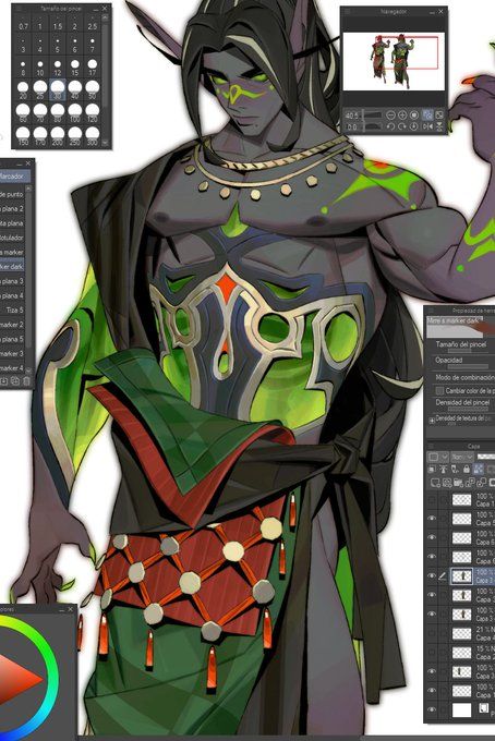 a closeup shot of a digital painting in progress, showcasing a male dark elf character. the elf is depicted with muscular physique, elaborate clothing, and green tattoos.  surrounding the main image are various digital art software windows displaying layers, brushes, color palettes, and other tools being used in the creation process.  one window shows a 3d model that appears to be a reference for the painting. the overall style is fantasybased and detailed, highlighting the artist's work in progress.
