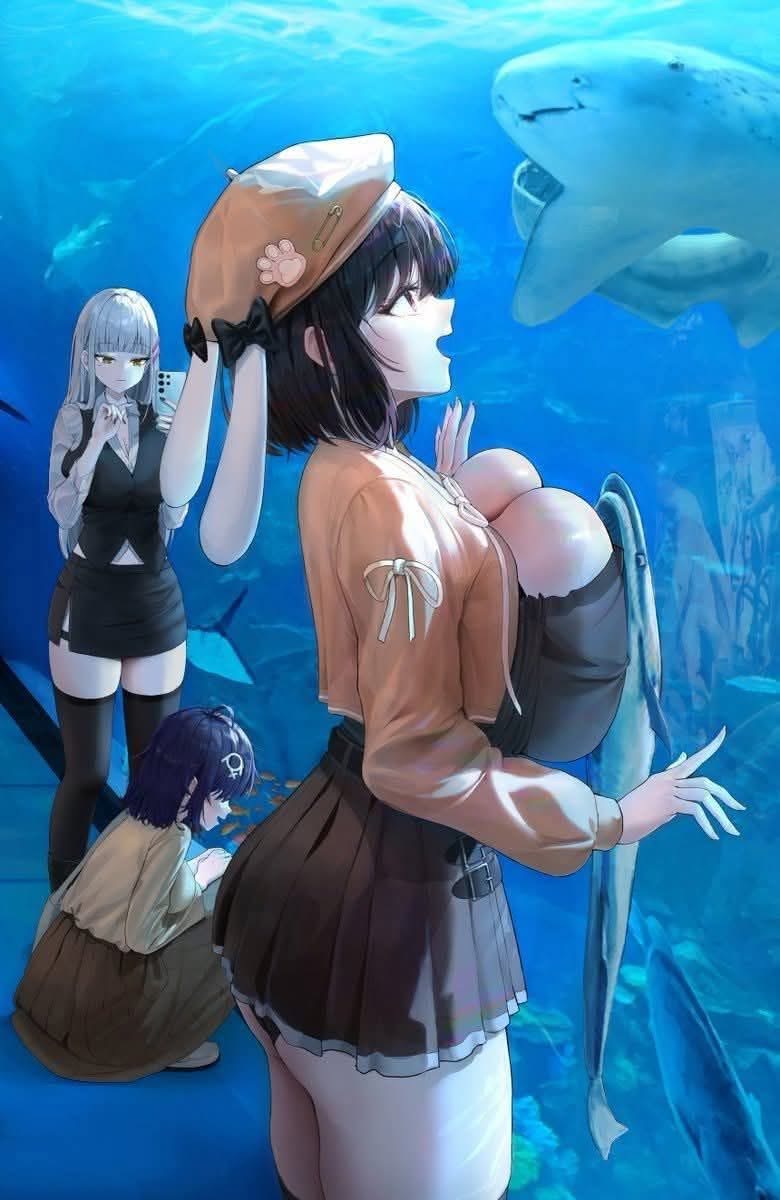 an animestyle image depicts four young women in front of an aquarium. a brunette girl with bunny ears and a beret looks up in amazement at a large shark, extending a hand towards the glass. behind her, another girl crouches to observe smaller fish. to the left, a silverhaired girl holds up a cellphone as if taking a picture of the scene. the background is filled with blue water and various aquatic creatures.