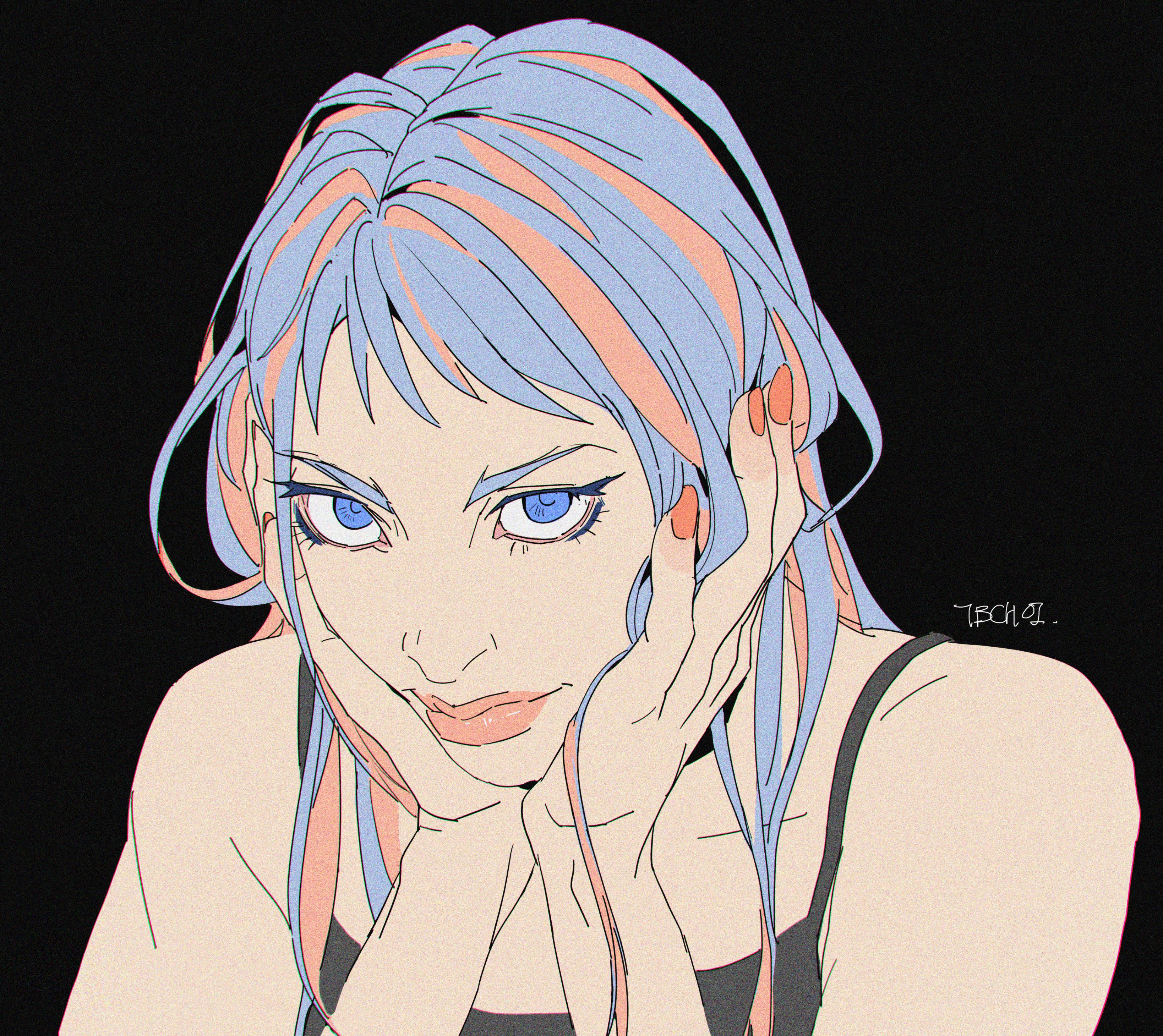 the image is a stylized digital illustration or painting of a young woman's portrait. she has long, wavy hair that is predominantly light blue with streaks of pale pink. her bangs are parted in the middle, revealing expressive blue eyes. she is looking directly at the viewer with a confident, almost smirking expression. her hands are gently cupped against her cheeks, framing her face. the overall style is reminiscent of anime or manga, with a clean, graphic aesthetic and pastel color palette. the artist's signature, "tbch01," is subtly visible in the upper right corner. the background is plain black, making the character the central focus of the image.