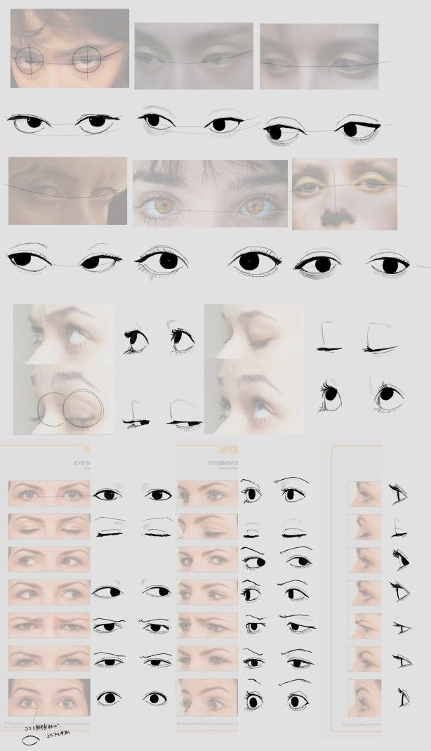 he image is a comprehensive guide on how to draw eyes. it features numerous examples of eyes drawn from various angles and with different expressions.  there are detailed sketches illustrating eye structure and shape variations, along with more stylized examples mimicking anime/manga styles and realistic representations. the images are organized in a gridlike format for easy reference, providing learners with a diverse range of examples to help improve their skills in drawing eyes.  there's a mixture of photo references and line drawings.