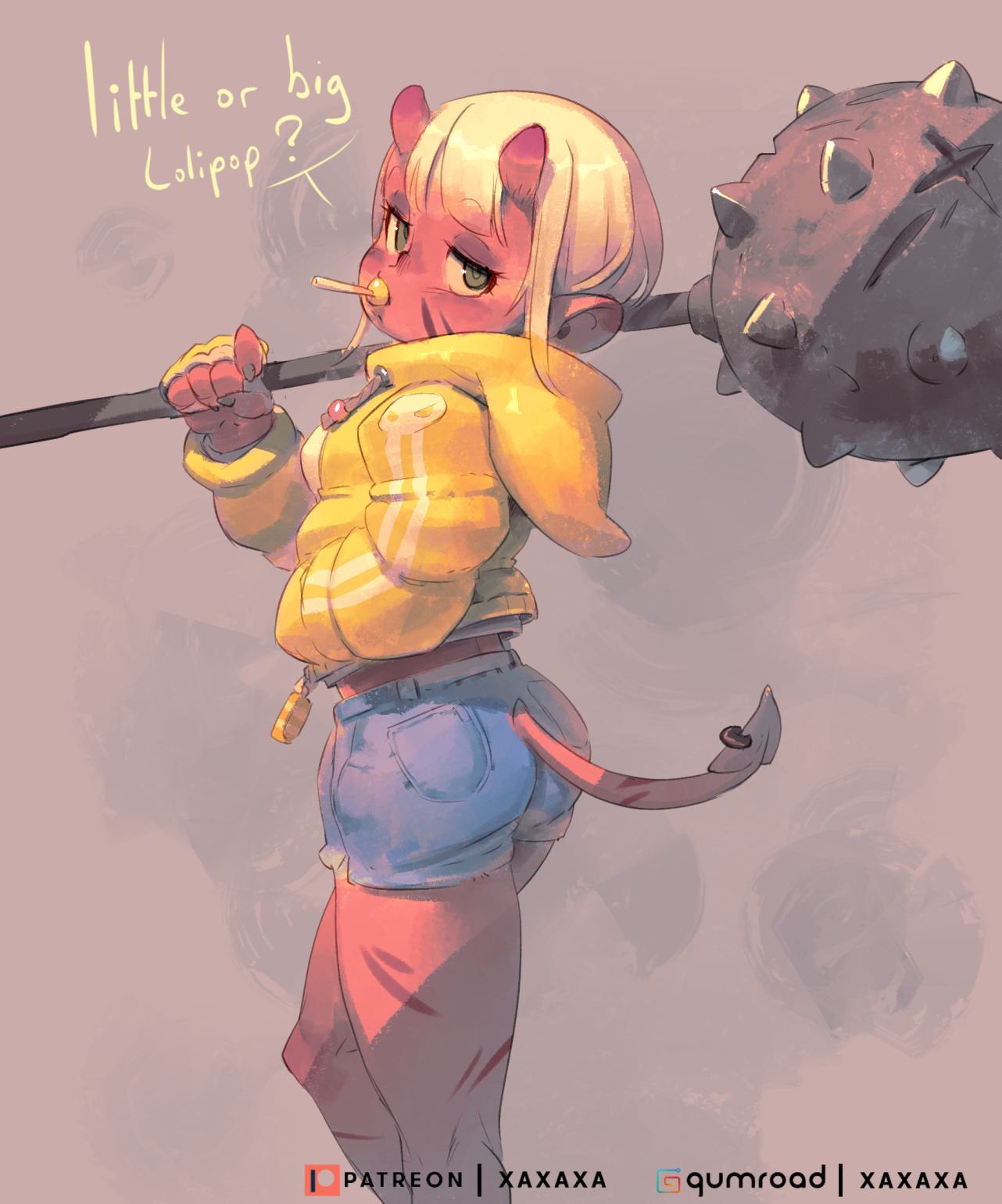 a digitally drawn illustration of a cute anime girl with horns and a yellow jacket holding a spiked club. she is holding a lollipop in her mouth and wearing jeans.