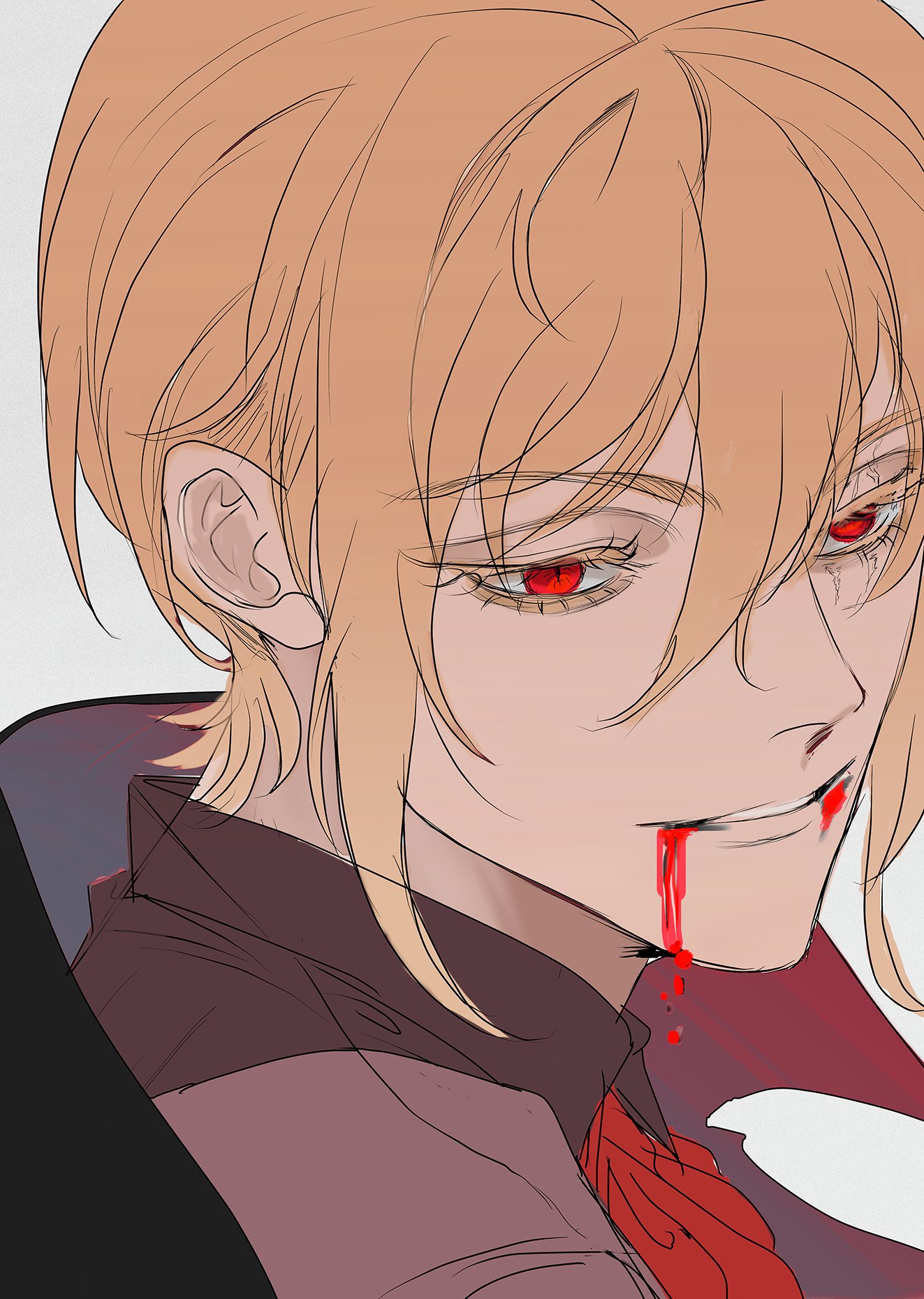 this digital art illustration is a close up of an anime character, a young man with blond hair and red eyes. he is wearing a dark shirt with a red tie. there is blood dripping from his mouth. he is smiling with a slight smirk on his face.