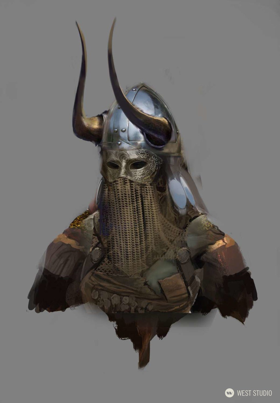 a digital painting of a viking warrior wearing a helmet with horns and chainmail armor. the warrior is shown from the chest up and is facing forward. the background is a neutral gray. the overall tone of the painting is dark and moody.