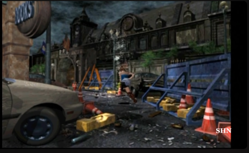 the image shows a street scene from a video game, likely in the survival horror genre. a woman is running towards the viewer, away from a dilapidated building. there is debris scattered around her, suggesting destruction and chaos. the overall color palette is dark and muted, emphasizing the grim and dangerous atmosphere. the perspective is from a thirdperson viewpoint, typical of many actionadventure video games.