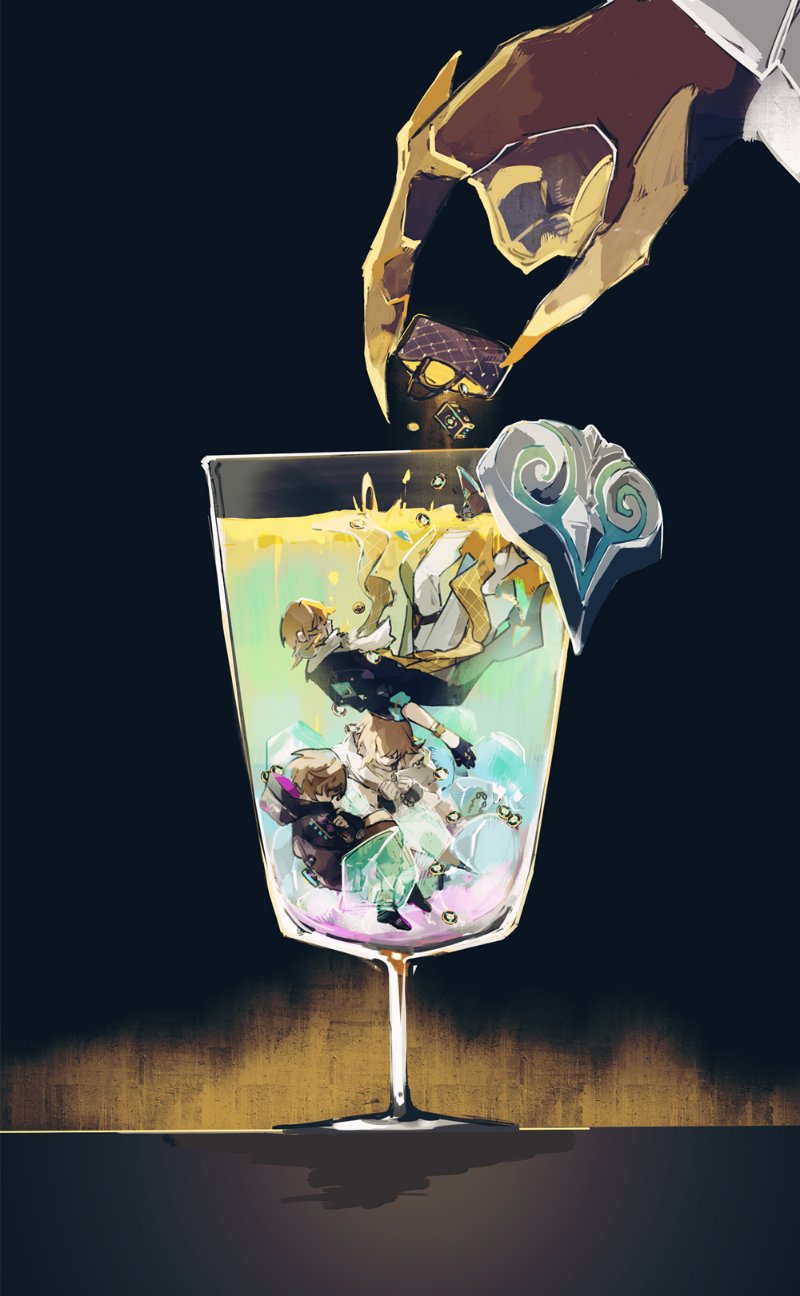 this artwork is a digital illustration of a hand pouring a mysterious liquid into a glass. inside the glass are multiple animestyle characters, including two female and one male. the drink appears to be magical and colorful, with hints of light and sparkle.  the characters look to be struggling or fighting for their survival.  the overall atmosphere is mysterious and slightly menacing. the artwork is highly detailed, with a focus on the characters and the details of the drink.