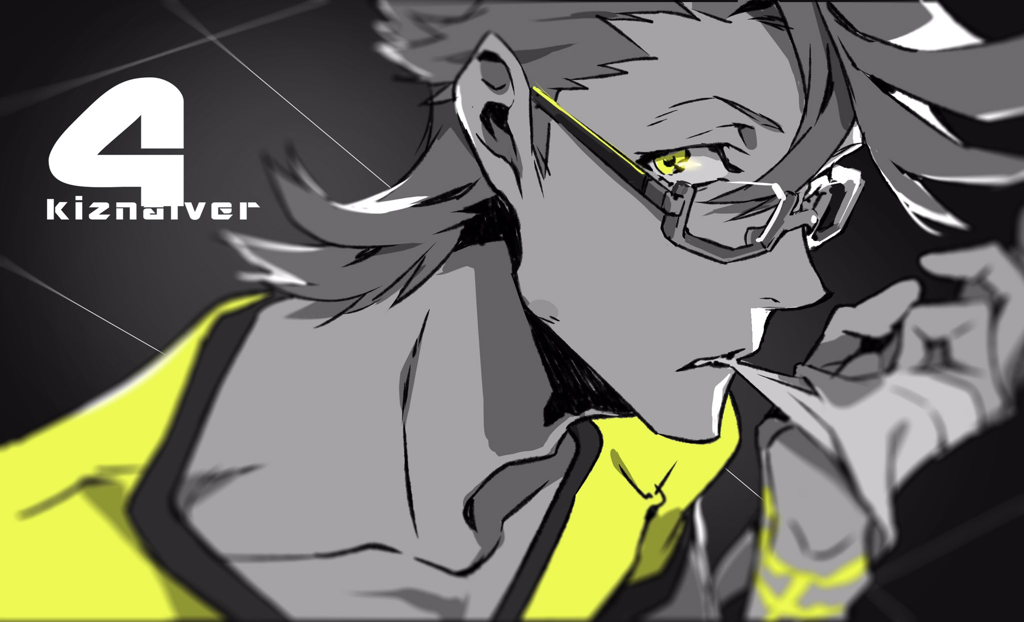 this black and white and yellow drawing shows the close up of a man with glasses. the man has yellow eyes and is wearing a yellow jacket. the background is dark and geometric and the text "4 kizanver" is superimposed on the image.