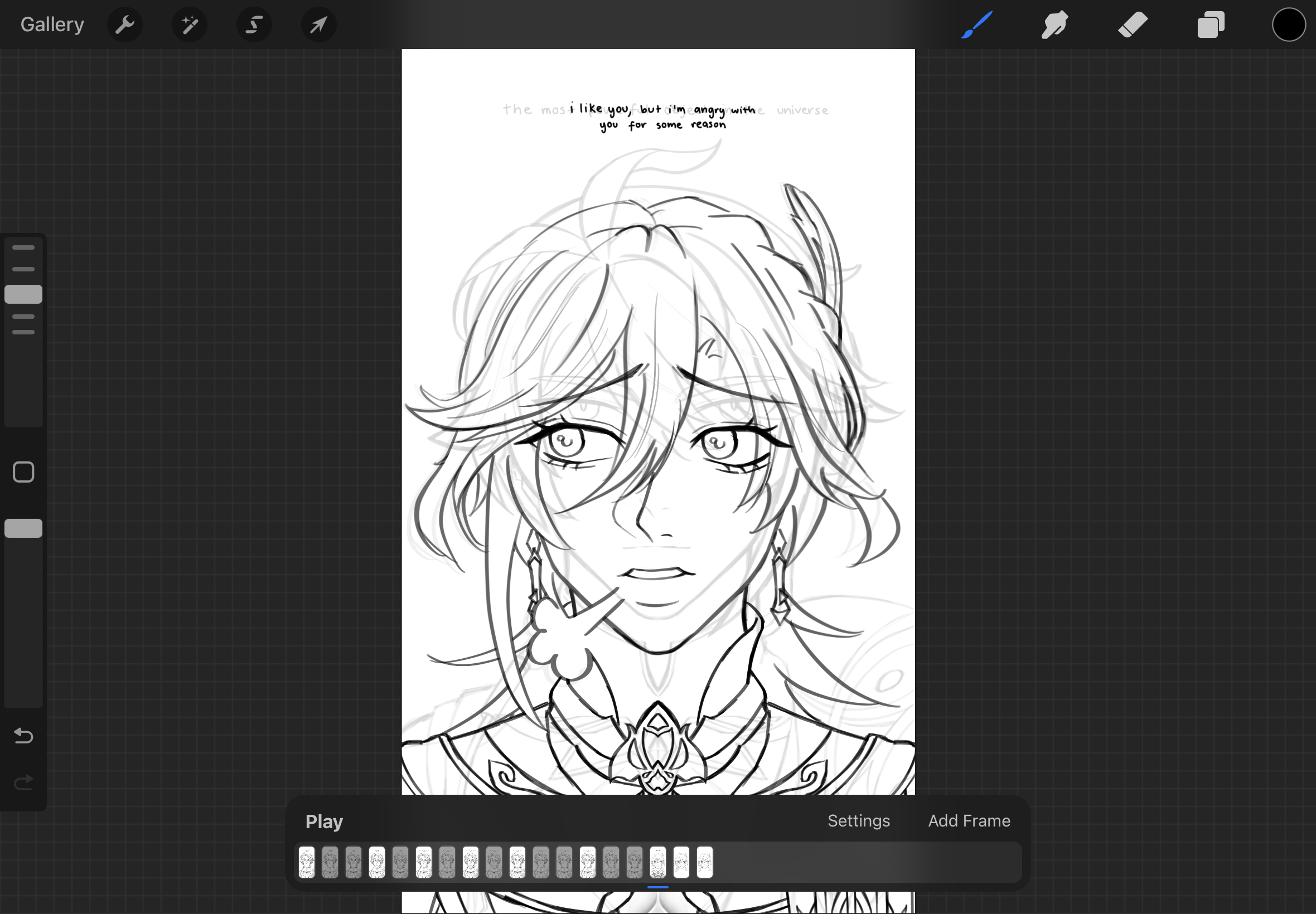 the image shows a digital drawing in progress within the procreate app. it appears to be an anime or mangastyle character sketch with detailed line art. the character has an emotional expression on their face. the image also shows the animation frames, tools and user interface elements of the procreate app. above the character is a text which reads: "the most i like you, but i'm angry with the universe you for some reason".