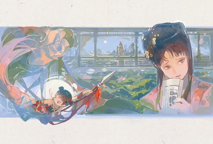 the illustration features two characters, likely shenhe and cloud retainer from genshin impact, in a serene setting. shenhe, a young woman with dark hair and a pink outfit, appears melancholic as she holds a paper cup, possibly containing alcohol. in the background, a younger girl, presumably a younger shenhe, practices martial arts with a spear. the setting is a balcony overlooking a pond filled with blooming lotus flowers. mountains and a full moon are visible in the distance, bathed in a soft, ethereal light. the overall mood is peaceful yet tinged with a sense of longing. the art style is reminiscent of traditional chinese painting with a modern, dreamlike twist.