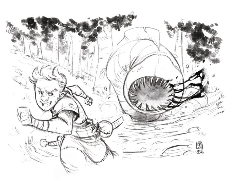 a black and white sketch depicts a young character running from a large, monstrous creature with a gaping mouth full of teeth in a forest setting. the character is holding a weapon and appears determined, while the creature is depicted as aggressive and dangerous. the forest consists of tall, thin trees and dense foliage.
