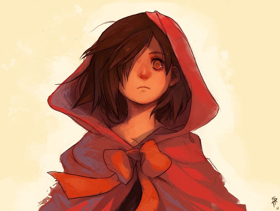 this is an illustration of a girl with brown hair and brown eyes. she is wearing a red hood with a large orange bow tied at the neck. her expression is melancholic. the background is a cream color, and the overall lighting is soft, creating a gentle mood. the illustration has a painterly style.