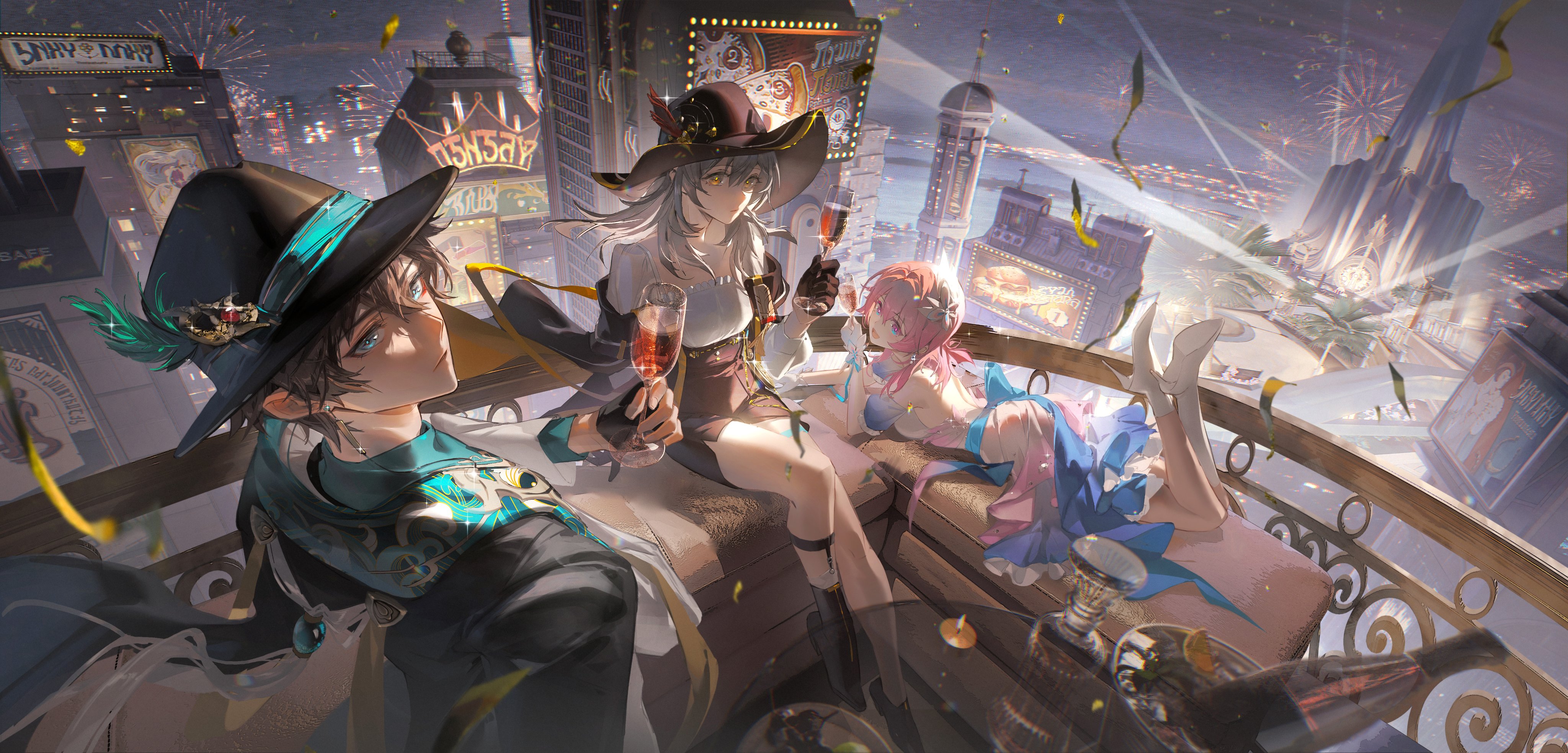 he image is a digital painting depicting three animestyle female characters enjoying a celebratory night out on a balcony overlooking a vibrant cityscape.  fireworks explode in the distance, adding to the festive atmosphere. the characters are dressed in elegant, fantastical outfits. one is in a pirateinspired getup with a widebrimmed hat, another in a flowing pastel dress, and the third in a more modern and stylish ensemble with a teal hat. they are toasting with champagne flutes, seemingly enjoying each other's company. the city is beautifully rendered, showing off its towering buildings and bright lights. the overall style is whimsical and romantic, with a strong emphasis on color and detail.  the scene suggests a fun, elegant, and perhaps magical gathering.