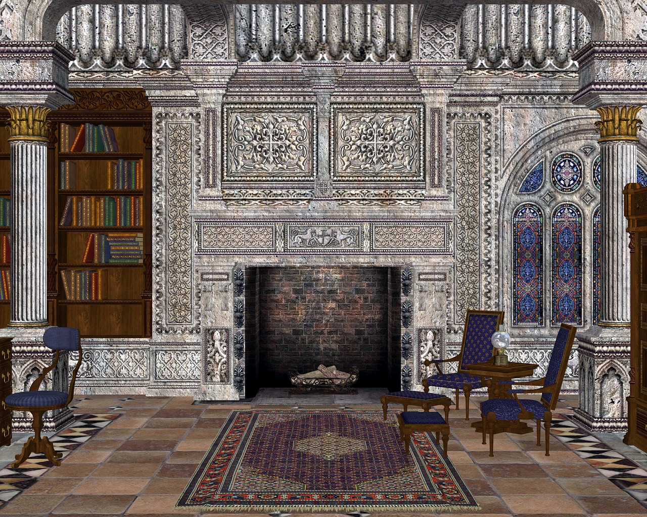 an ornate, antique room interior featuring a library, fireplace, and seating area. the room is decorated with intricate stone carvings and patterns, with a large fireplace in the center and a stained glass window to the right. bookshelves fill the left side of the room, and there is a rug on the floor. furniture includes a table and chairs, creating a cozy and sophisticated ambiance.