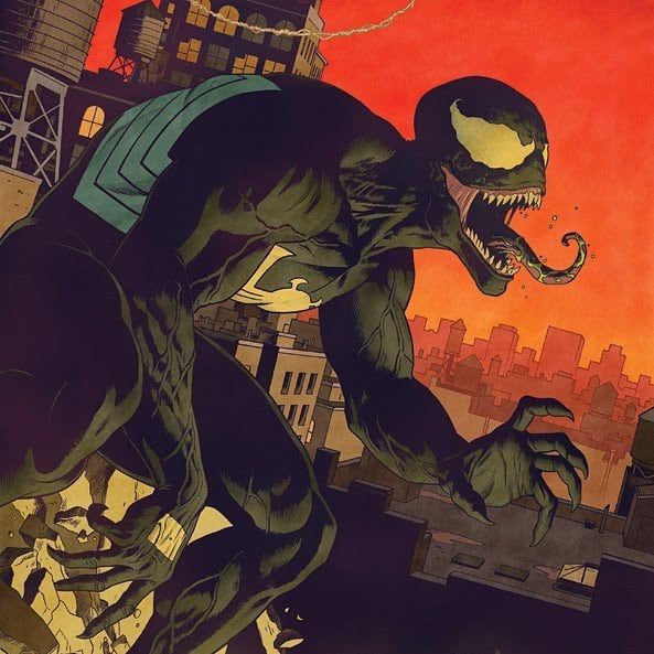 a closeup illustration of venom from marvel comics. the dark, shadowy creature stands on a rooftop, its monstrous mouth agape with sharp teeth and a long, snaking tongue. the cityscape behind it is illuminated by a fiery sunset, casting long, dramatic shadows. the image is dynamic and powerful, capturing the intensity of venom's villainous persona.
