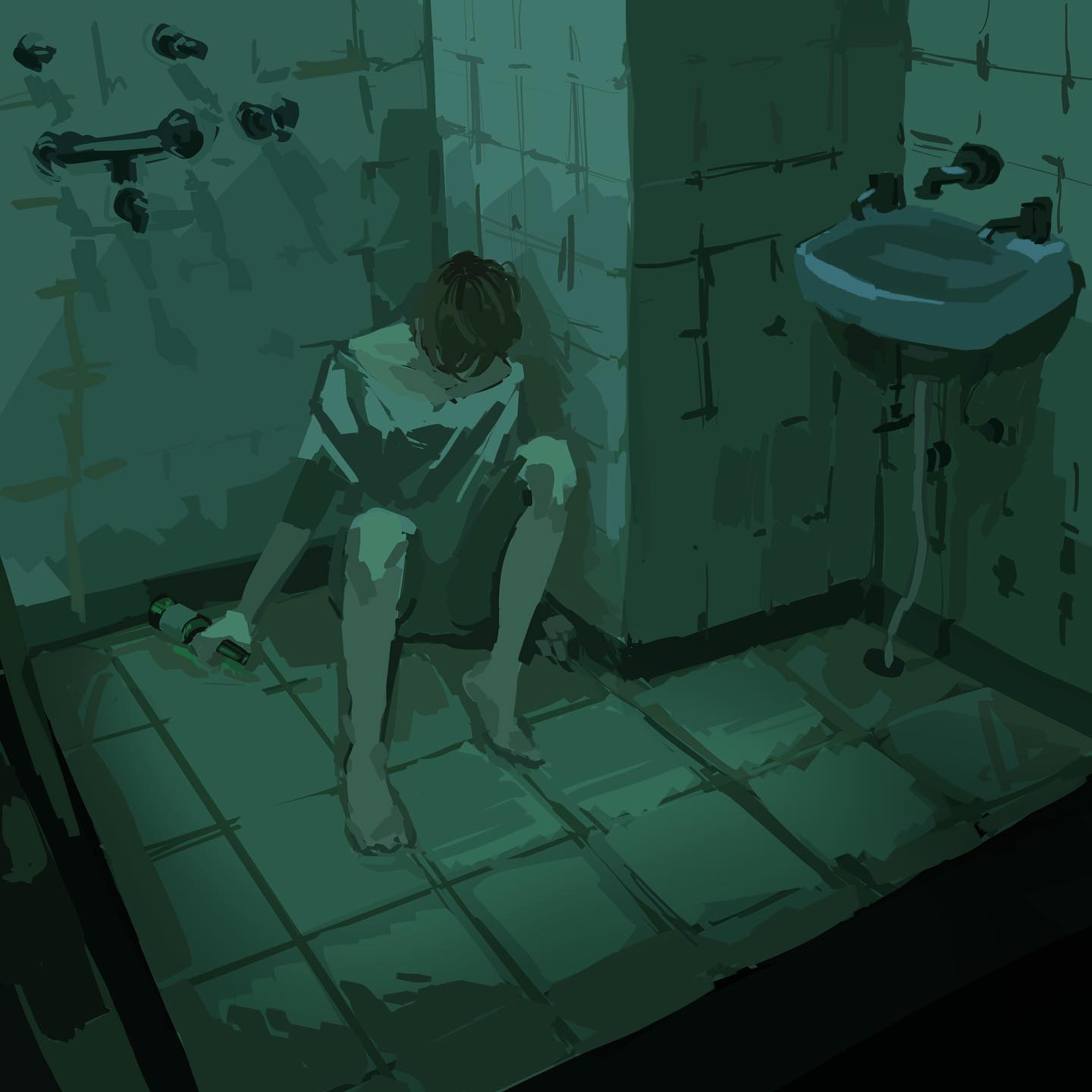 the illustration features a young boy, seemingly distressed, sitting alone on the cold tile floor of a dimly lit bathroom. the environment suggests a bleak and sterile setting, possibly a mental hospital or institution. the boy's body language evokes feelings of sadness and despair. the overall color palette is muted and dark, emphasizing the somber atmosphere.