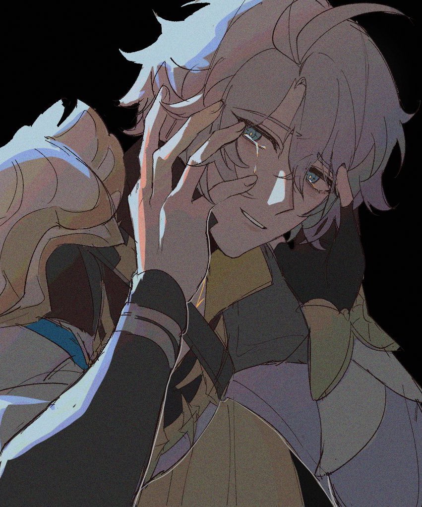 a drawing of albedo from genshin impact, looking sad and tearful. he's wearing his armor and gloves, and his hand is touching his face as tears stream down his cheek. he has blonde hair and blue eyes. the overall mood is one of despair and vulnerability.