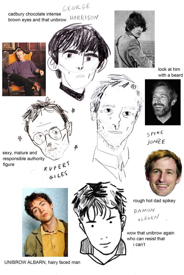 the image contains a collage of handdrawn sketches of different celebrities and musicians, with their names written underneath.  the sketches focus on the faces and hairstyles of the individuals, including george harrison with his trademark unibrow, damon albarn with a pronounced unibrow, spike jonze with a beard, and rupert giles with a more mature look. each sketch has a brief description or comment about the individual.