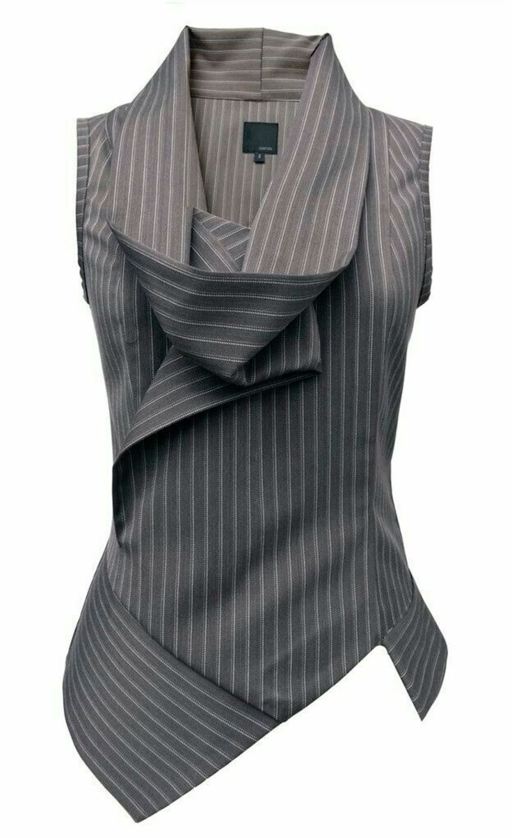 a closeup shot of a women's gray pinstripe sleeveless vest. the collar is draped and asymmetrical.  the vest is a modern and stylish piece of clothing.
