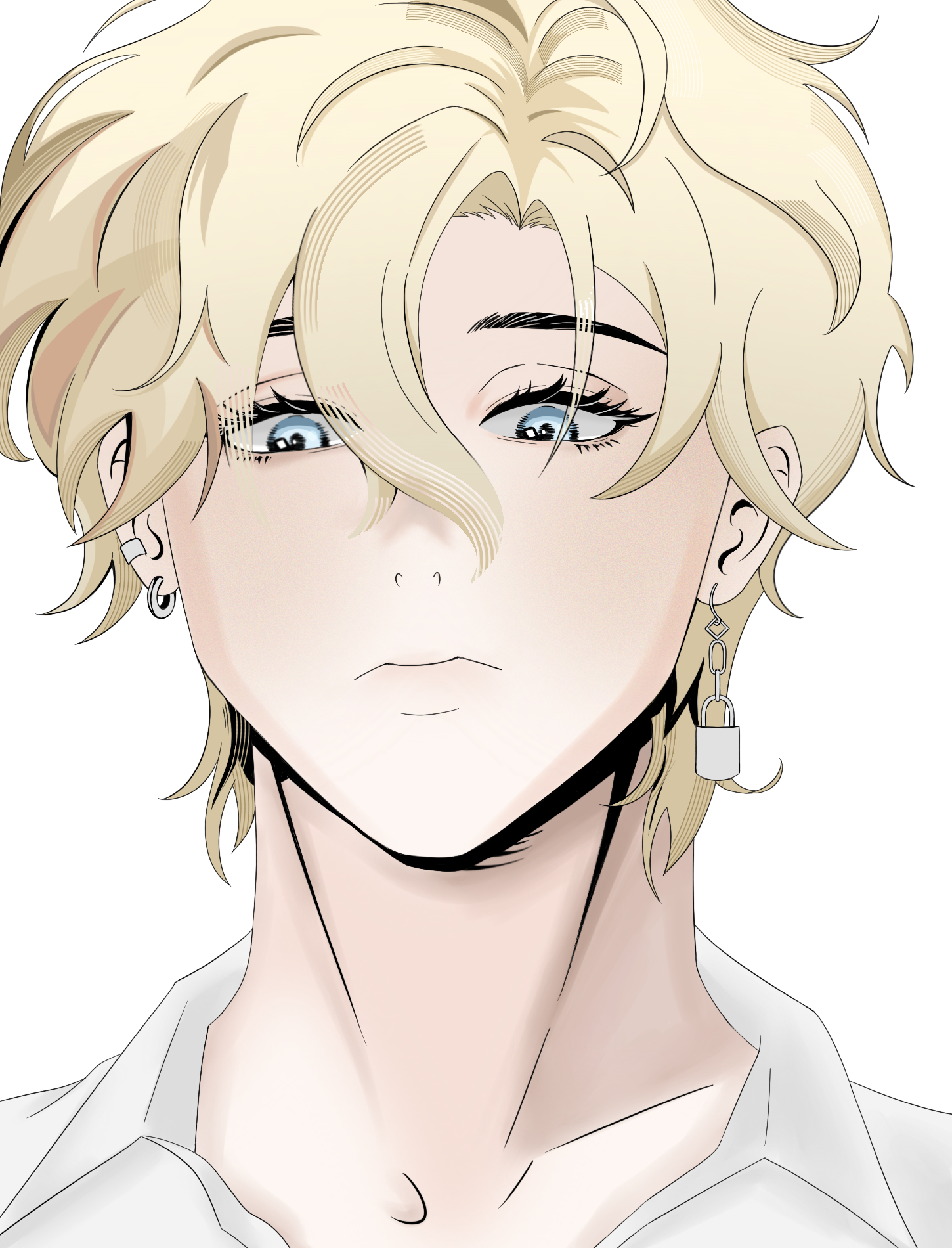 the image is a stylized digital drawing or illustration of a young man, possibly an anime or manga character. he has shoulderlength, wavy light blonde hair, pale skin, and striking blue eyes.  his expression is serious or pensive. he's wearing a simple white collared shirt and small padlock earrings hanging from delicate chains. the art style is clean and features soft shading, typical of anime or manga illustration.  the focus is on his face and upper body, with the background being plain white.