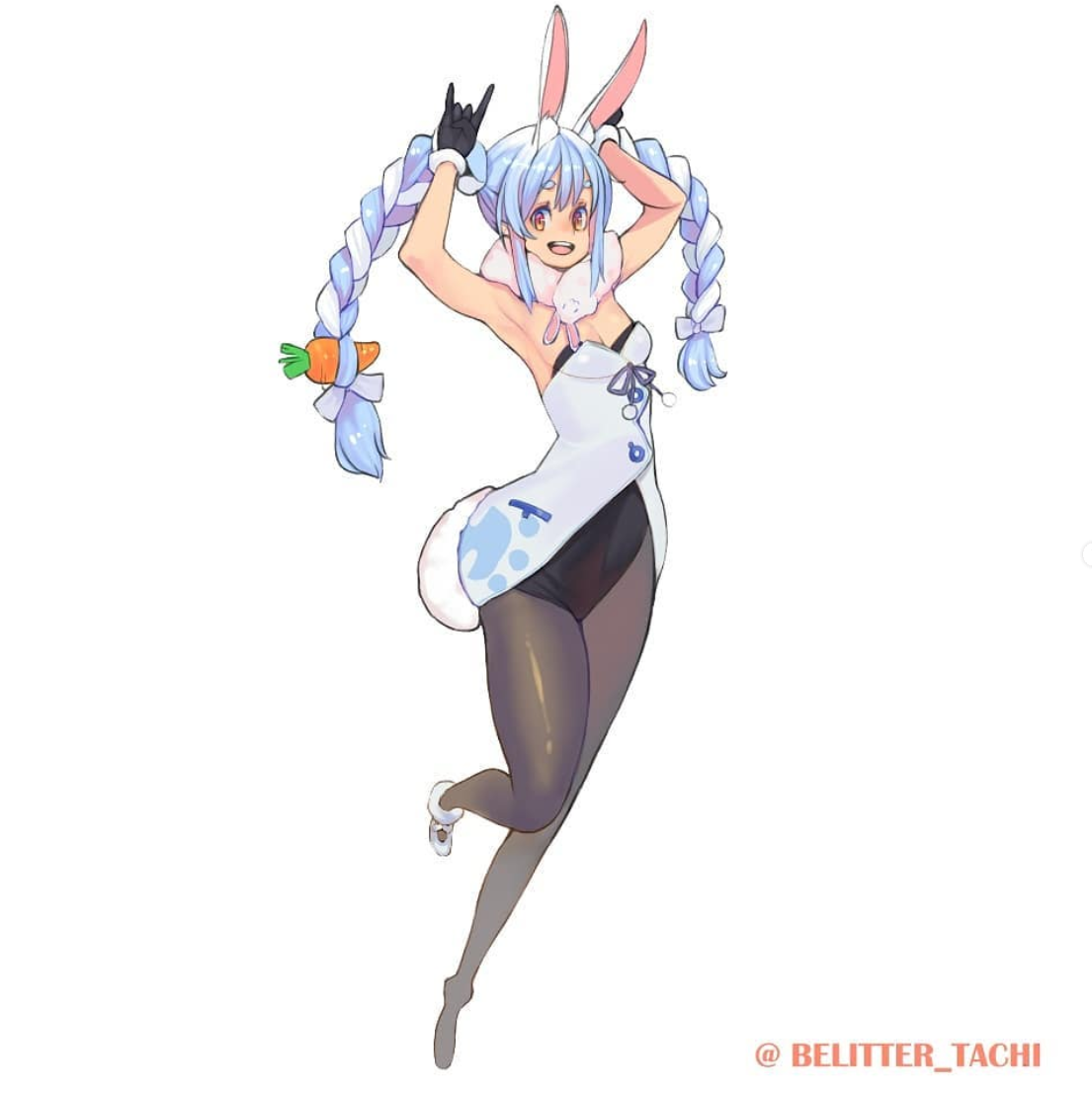 a cheerful anime girl with bright blue hair styled in pigtails with white ribbons is the subject of this digital illustration. dressed in a playful bunny girl outfit complete with a white leotard, fluffy bunny ears, a fluffy tail, and thighhigh stockings, she exudes a sense of fun and whimsy. the white background keeps the focus on the vibrant character and emphasizes her energetic pose.