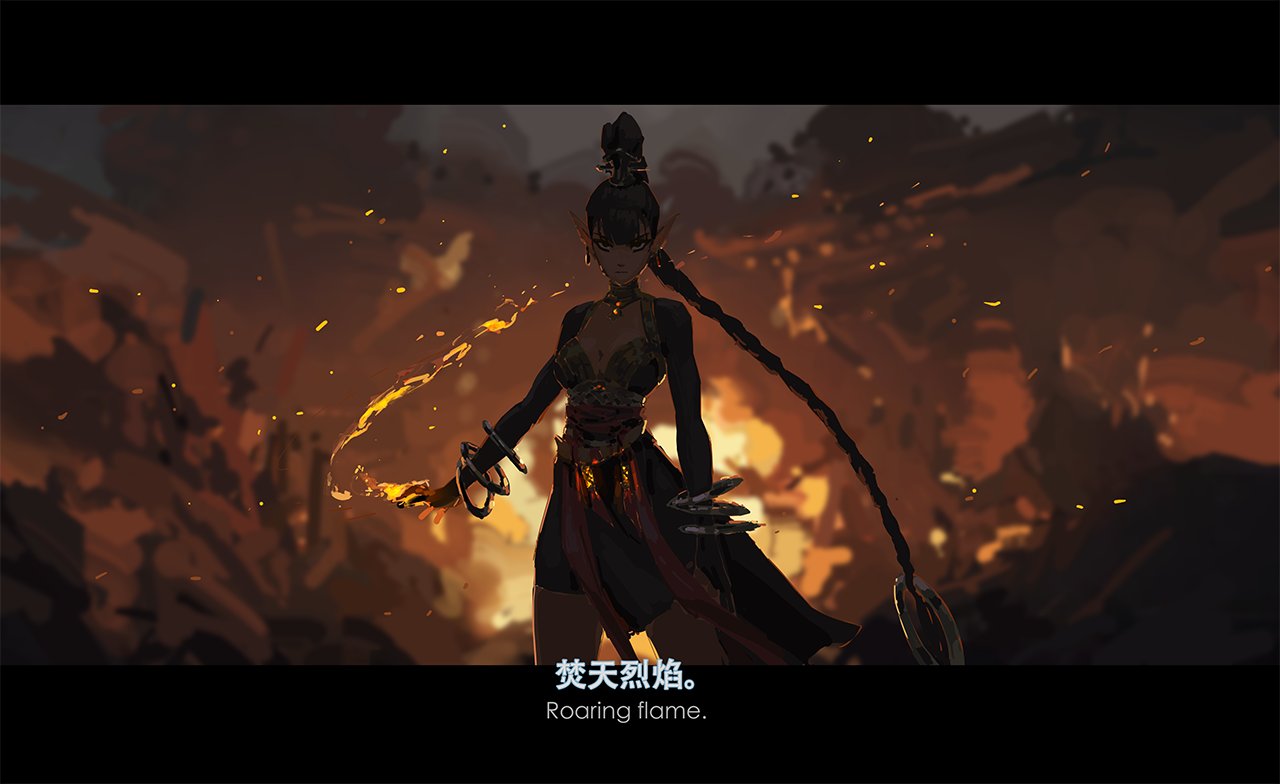 he image is a digital painting depicting a darkhaired elf woman, possibly a warrior or sorceress, standing amidst a fiery, ruined landscape. she is elegantly dressed in dark clothing with hints of red, and her long braid flows behind her. she holds a fiery, magical energy in her hands, suggesting control over fire magic. the background is ablaze with burning debris, creating a dramatic and intense atmosphere. the overall style is fantasyinspired, with an emphasis on strong character design and cinematic lighting.  the text overlays "roaring flame" in english and its chinese translation.