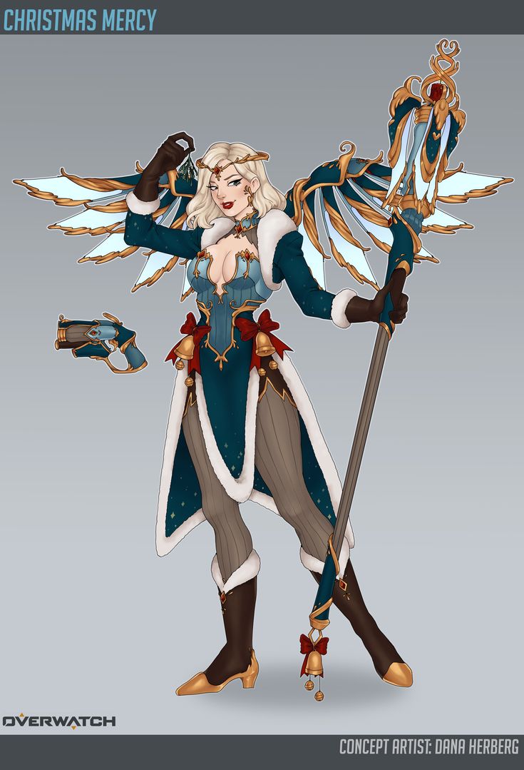 this is a digital illustration of a christmasthemed mercy from the video game overwatch. mercy is dressed in a festive blue and green dress with red accents and white fur trim, and she is holding a golden staff adorned with bells and ornaments. she has large, white wings that are patterned with gold trim and blue accents. she is holding a small, golden gun in her left hand. the image is set against a gray background.