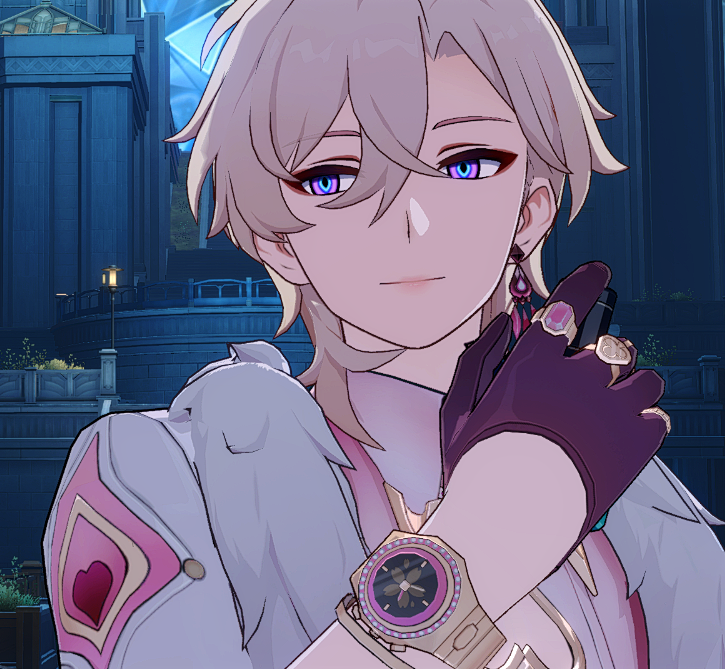 a closeup shot of albedo from genshin impact. he is shown with his white hair and purple eyes, wearing his signature white and pink outfit and a purple glove with a watch on his wrist. he is confidently looking at the viewer and smirking slightly. the background is dark and blurry.