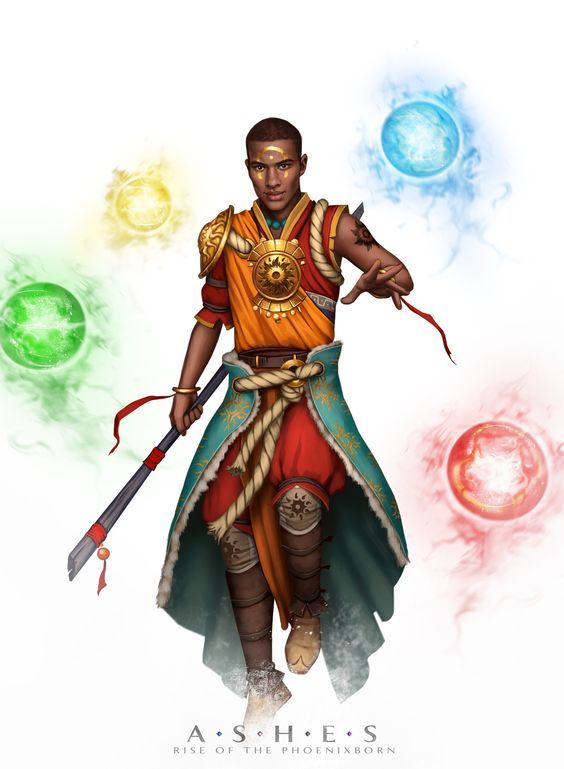 the image showcases a digital painting of a fantasy character, likely a mage or sorcerer. he's a young adult male with dark skin, wearing an elaborate robe with red and turquoise elements, gold accents, and brown boots.  he wields a staff and is surrounded by four glowing orbs representing different elemental magics: fire, water, earth and air. his attire and pose suggest power and mastery over these elements. the background is plain white, focusing attention on the character. the image is labeled "ashes rise of the phoenixborn", suggesting it's concept art or promotional material from a game or book. the overall style is high fantasy, with a detailed rendering of the character and clothing.