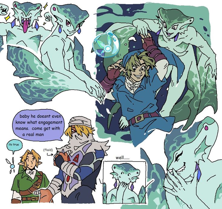 the image is a humorous digital fanart piece featuring characters reminiscent of link (from the legend of zelda series) and zora, a race of aquatic humanoids.  the comic stripstyle artwork shows multiple panels depicting various humorous situations between link and several zora characters.  one panel features a text box with a conversation about "engagement," implying a romantic dynamic.  different variations of link are shown, including his adult and younger forms. the overall style is lighthearted and playful, characteristic of fancreated content focused on character interactions. the artwork is colourful and uses distinct line art to convey personality and expression.