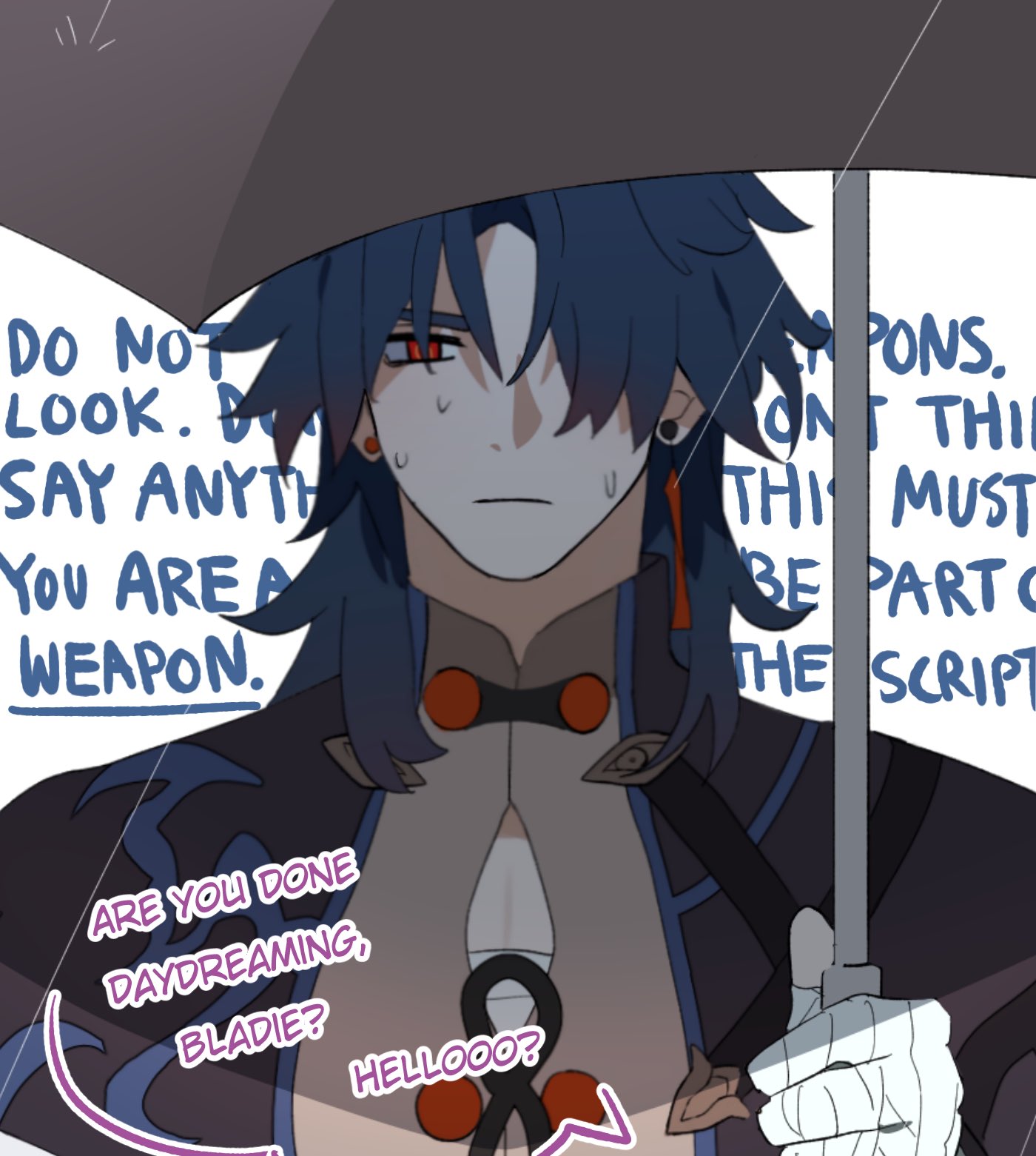 the image features a male anime character with blue hair and red eyes. he is wearing a dark outfit with white gloves, and he's holding an umbrella. he has a serious expression and appears to be in a dark and rainy setting. there is text in the image that suggests he is a "weapon" and that he is being told to "do not look," "say anything," etc. the overall mood of the image is dramatic and mysterious.