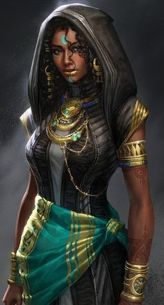 a beautiful dark skinned woman with curly hair  wearing gold and teal clothing and jewelry.  she is wearing a hooded vest over a white tunic, a teal waist wrap with gold stripes, and numerous pieces of gold jewelry.  she has a henna tattoo on her arm.  the background is a muted bluegrey.