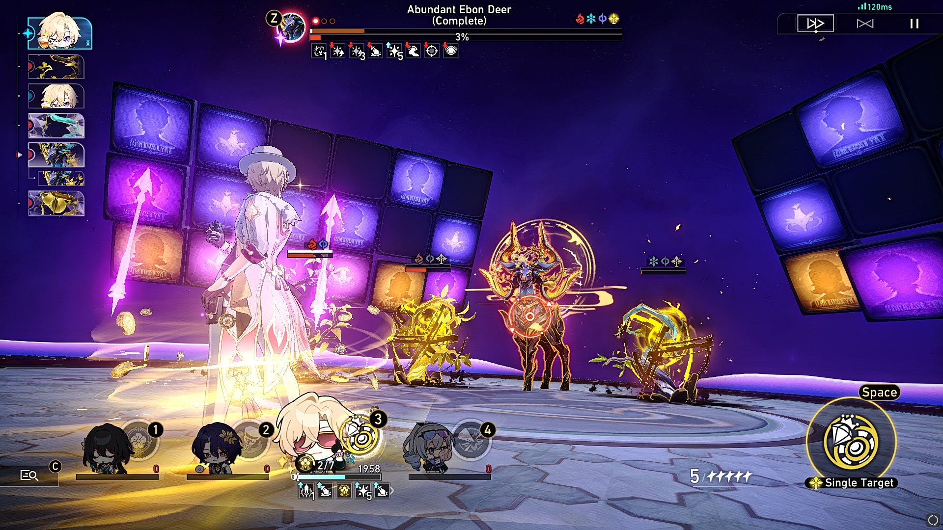 this image is a screenshot from the mobile game honkai impact 3rd. it showcases the gameplay with the player character facing off against a boss enemy called "abundant ebon deer." the player character, along with their party members, are using their skills to fight the boss while it is in the middle of the arena. the top of the screen shows the boss's name, health bar, and the current stage of the fight. the bottom of the screen shows the player's party members, their health bars, and the available skills and attacks. the image also shows the game's interface, including the controls for the player, the target selection, and the skill cooldowns. the image is set in a dark, fantastical environment with a bright, magical battle effect.