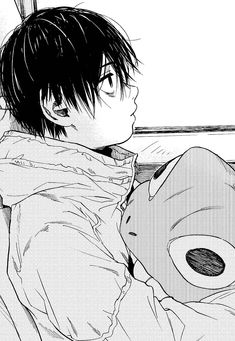 a black and white illustration of a young man riding a bus. he is drawn in a manga style and has short, dark hair and large eyes. he is wearing a hooded jacket and is holding a plush frog toy close to him. his gaze is directed out of the window, suggesting a sense of contemplation or perhaps loneliness.