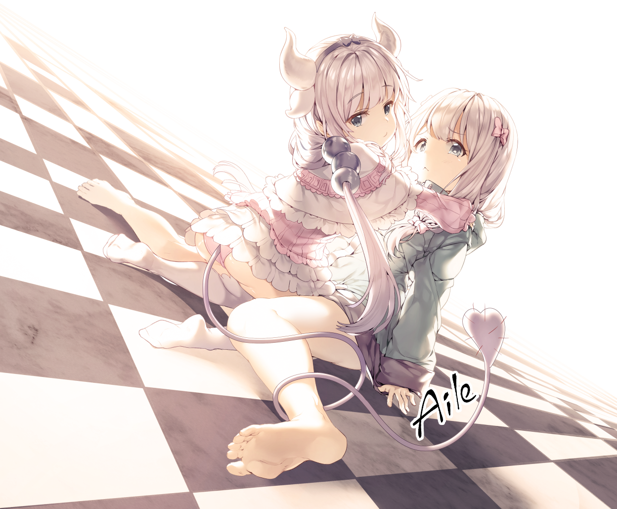he image is a digital artwork depicting two anime girls, one with white hair and horns reminiscent of a dragon or mythical creature, and the other with light purple hair. the girl with horns is wearing a frilly, pale pink dress.  the other girl is in a teal jacket. they are embracing on a checkered floor, with soft, pastel lighting. the artist's signature, "aile," is visible in the lower right corner. the overall style is cute, soft, and romantic, indicative of anime and manga art styles.  the scene is peaceful and suggestive of a loving relationship between the two characters.