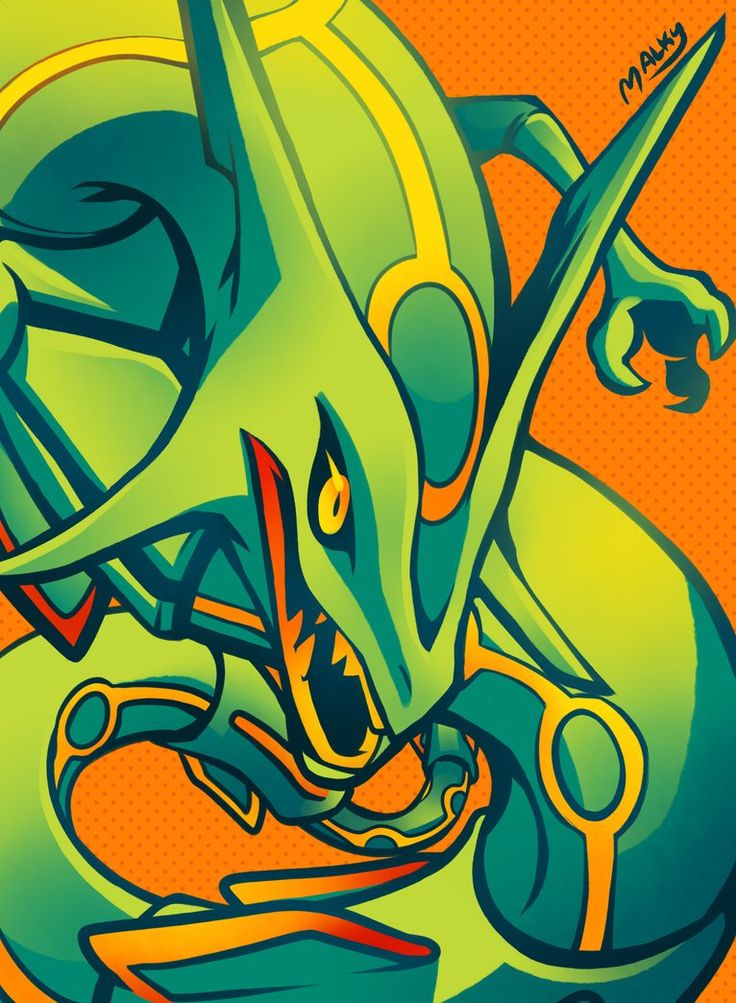 the image is a stylized illustration of rayquaza, a legendary pokémon.  it's depicted in a dynamic pose, its body coiled and its features exaggerated for a dramatic effect. the color palette is vibrant, using bright greens, yellows, and oranges, reminiscent of pop art or comic book styles. the background is a simple orange with a subtle dotted texture. the overall style is bold and expressive, capturing rayquaza's power and imposing presence. the artist's signature is visible in the upper right corner.