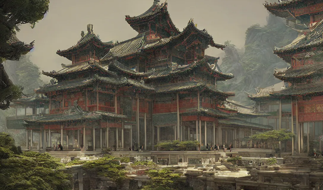 a painting depicting a beautiful asianstyle temple built into the side of a mountain. there are mountains in the distance shrouded in fog. the sky is overcast. there are a few people in front of the temple.