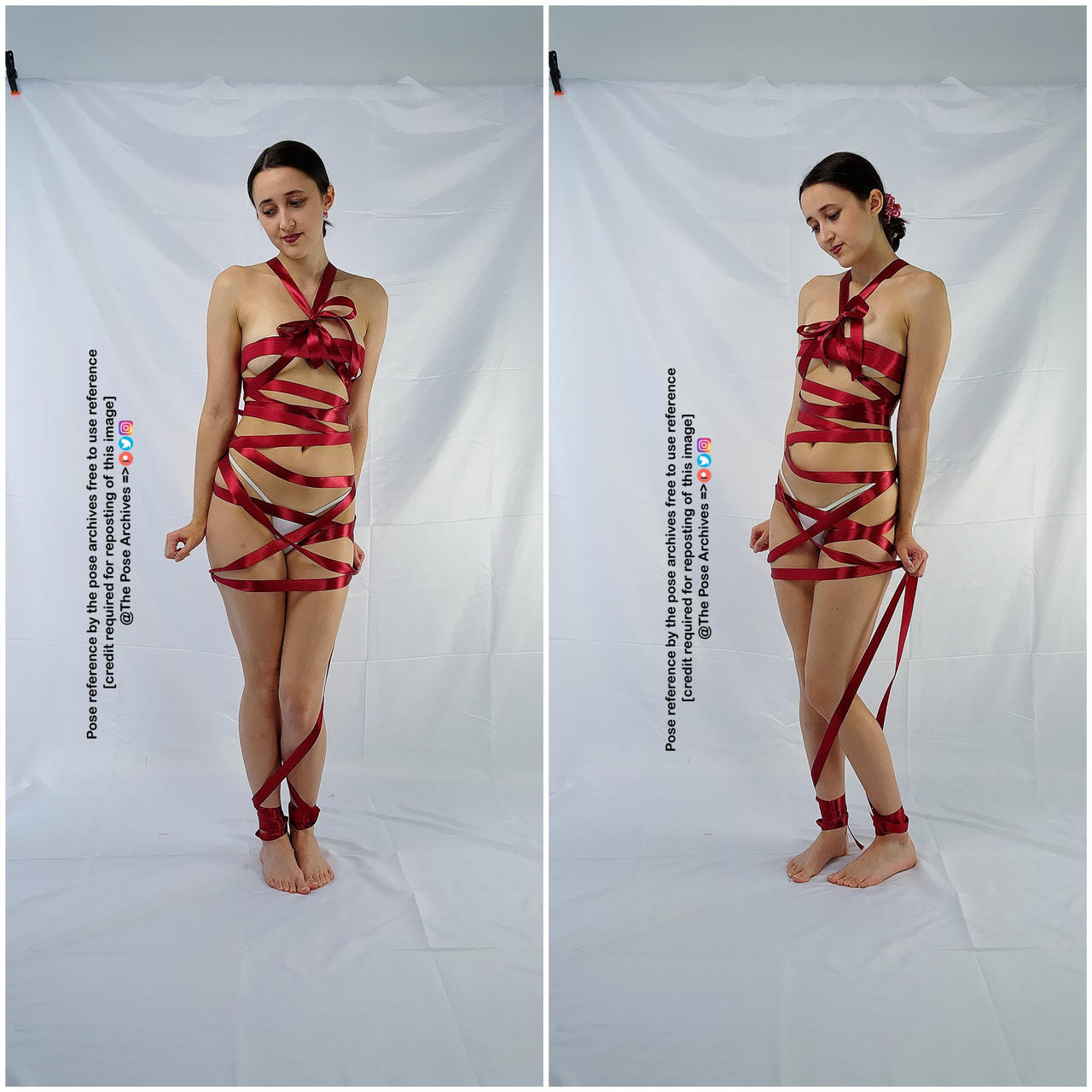 a young woman with dark hair tied back with a red ribbon poses against a white backdrop.  she is wearing red ribbon wrapped around her torso and legs in a decorative fashion. the image is a diptych showing two slightly different poses. this image is intended as a pose reference for artists.