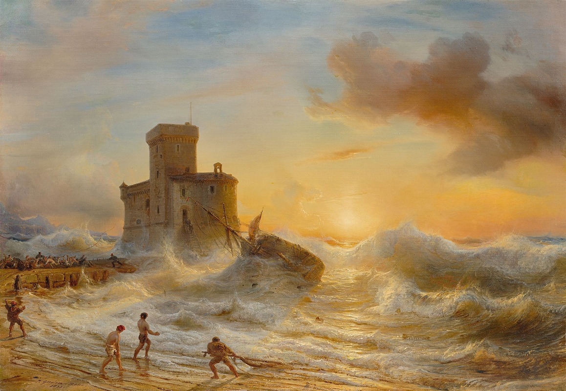 the painting depicts a stormy scene at sea with a castle situated on a rocky shore. large waves crash against the castle and a shipwrecked vessel is caught in the turbulent waters. several men are on the beach, some wading into the water, seemingly involved in rescue efforts. the sky is filled with dramatic clouds and the setting sun casts a golden glow over the scene. a pier or dock is visible in the distance, with more figures gathered there.