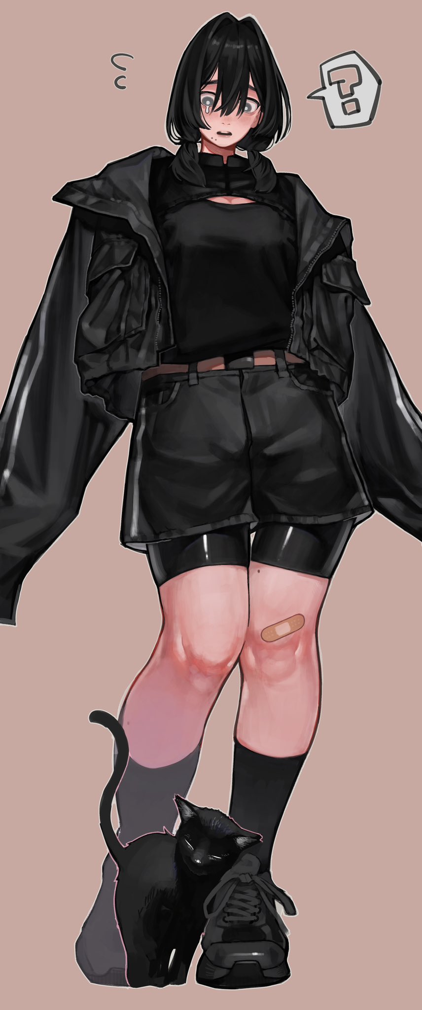he image is a digital illustration of an anime girl. she has short black hair and is wearing a black jacket, black shorts, black socks, and black shoes. she also has a black cat at her feet.  she has a bandage on her knee and a question mark thought bubble is above her head suggesting uncertainty or confusion. the overall style is dark and stylish, with a slightly melancholic or mysterious mood.