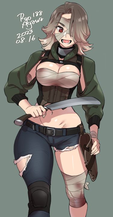 an anime girl in a green jacket with a bandage over one eye is holding a machete with both of her hands, she is wearing a corset and jeans. her left leg is covered in a bandage, and both knees have knee pads. the background is a simple grey color.