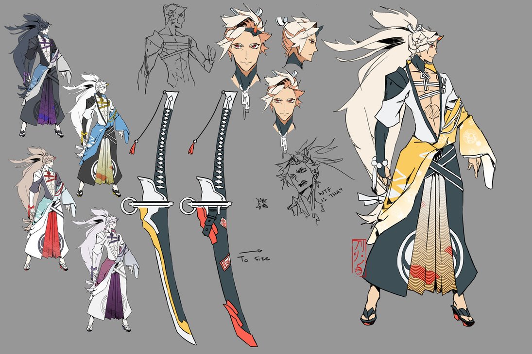 this image showcases character design concept art for a male character. he appears to be a warrior or fighter, with an emphasis on his attire and weaponry. he has flowing white hair with red accents, and his outfit features a mix of white, black, and yellow fabrics. his sword, prominently displayed, has a black scabbard with red accents and a white blade. the artist explores various angles and poses, providing a comprehensive look at the character's design and outfit variations.