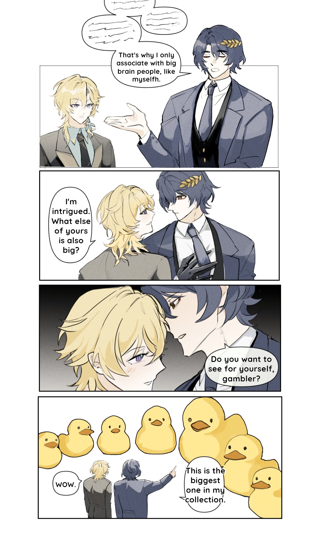 he image is a mangastyle comic strip. it features several panels showing a conversation between two male characters. the initial panels show one character bragging about only associating with "big brain" people, while another is intrigued.  the subsequent panels show a playful, suggestive exchange with a focus on the word "big" and its implied meaning.  the final panel reveals the "big" item in question is a collection of unusually large rubber duckies, creating a humorous contrast to the earlier suggestive dialogue. the art style is clean, with soft lines and muted colors.