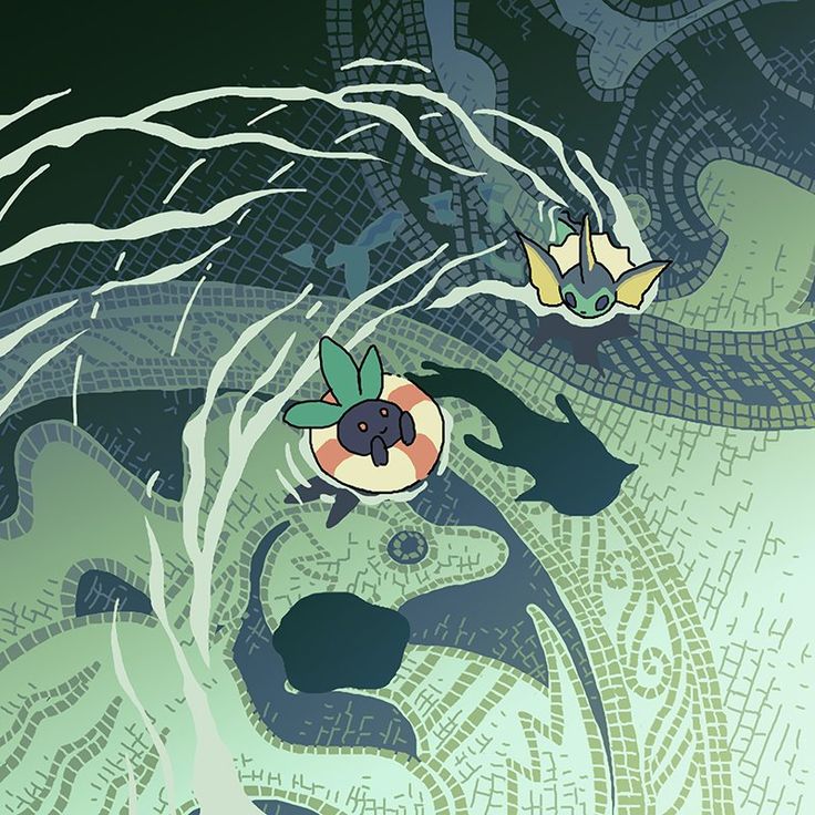 the image is a whimsical cartoon illustration featuring three pokémon characters enjoying a swim in a mosaictiled pool. one pokémon is using an inflatable ring, another is swimming freely, and there are dark, shadowy shapes which could be other water creatures or reflections. the overall style is playful and summery, with a mosaiclike background that adds to the unique visual appeal. the color palette is predominantly green and teal, creating a calming and aquatic atmosphere. the illustration could be part of a larger series or a standalone piece of fan art.
