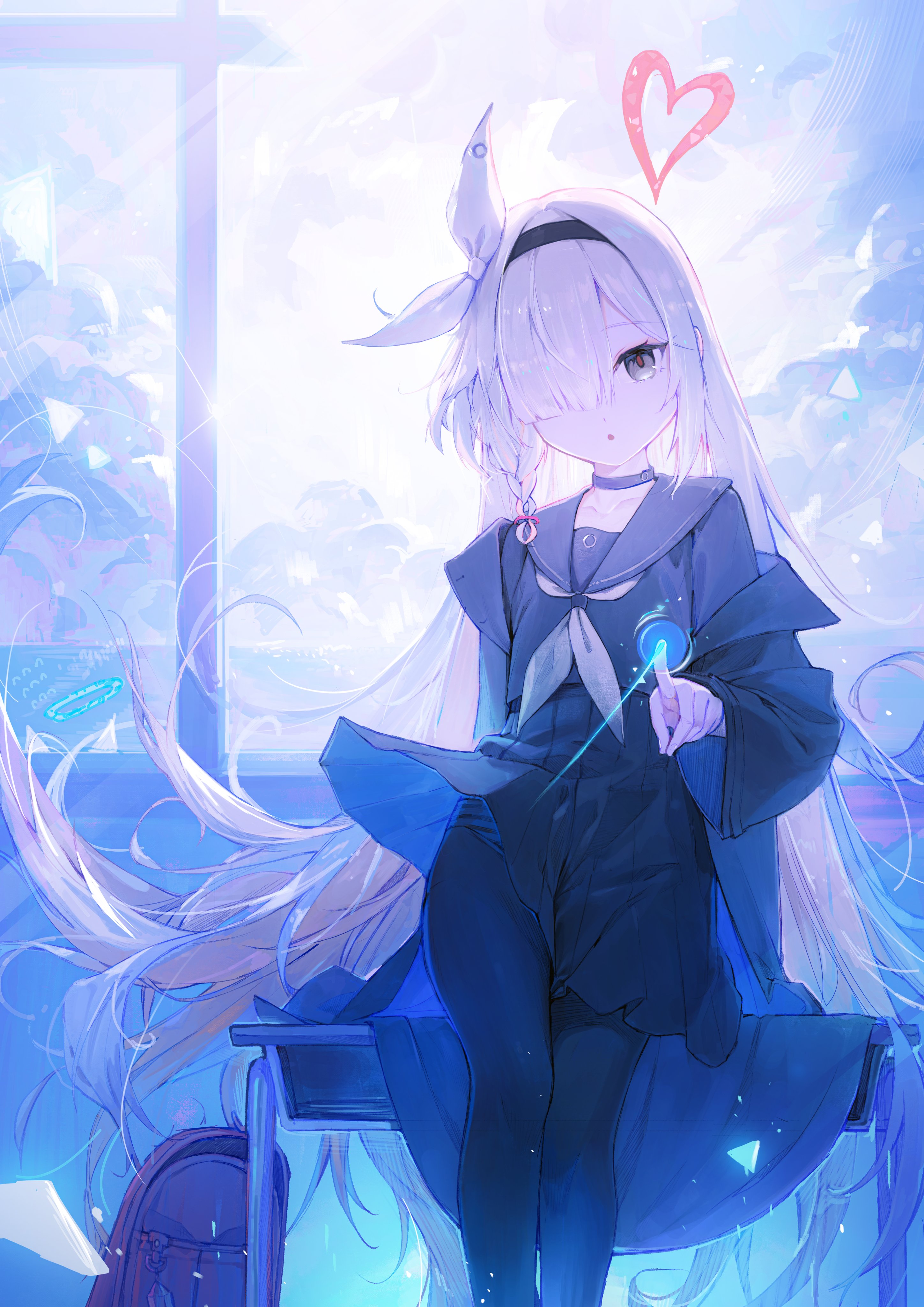 he image is a digital illustration of an anime girl with long, flowing white hair. she's wearing a dark blue sailorcollared uniform with black tights. she's sitting at a desk by a window, with a backpack beside her. the background is a light blue with hints of purple, giving a dreamy, magical feel.  a small, pink heart floats above her head, and there are subtle magical effects around her fingers. the overall style is soft, cute, and slightly mystical.